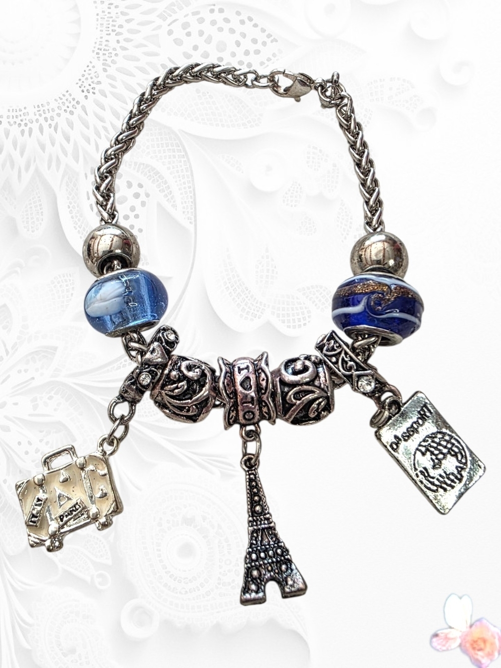 Vintage Travel Charm Bracelet Murano Style Glass Beads Eiffel Tower Blue Silver